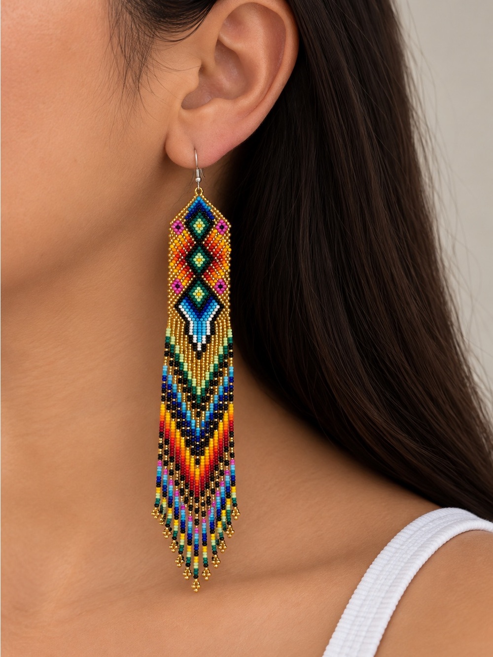 Handmade Multicolor Beaded Fringe Earrings - Brand Unspecified